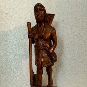 Rare mid Century hand-carved woman carrying a basket with staff and dog. T